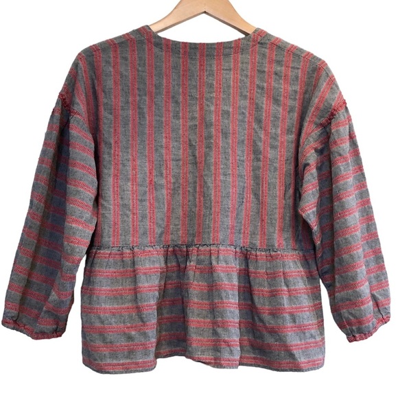 Madewell Striped Bubble Sleeve Peplum Top, Red/Grey, Large - Picture 9 of 10